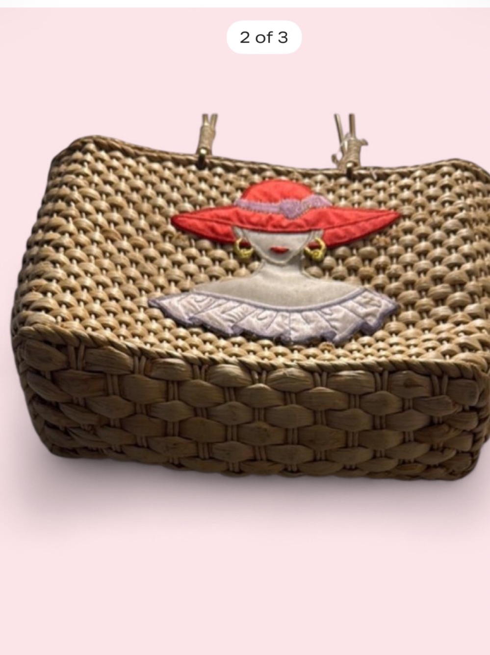 Woven Straw Tote with Red Hat Applique - Picture 2 of 3